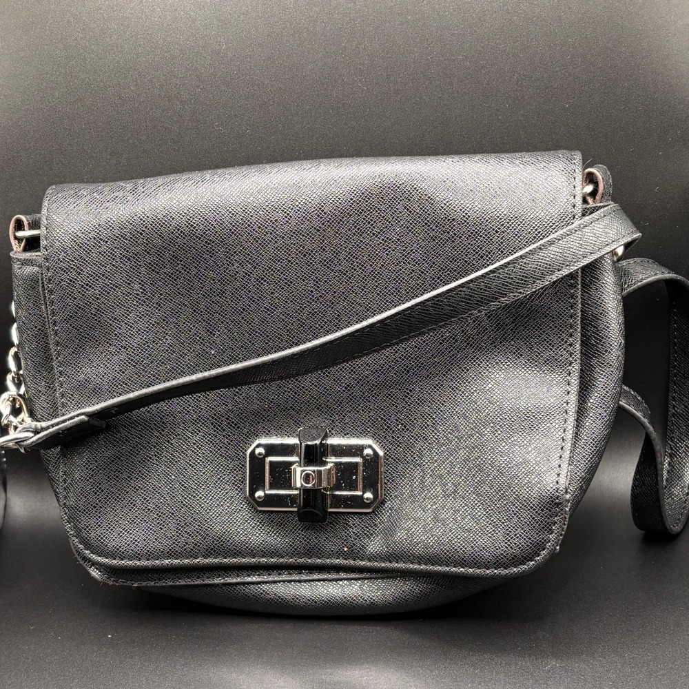 Small Black Crossbody Bag Partial Silver Chain Strap Button Closure